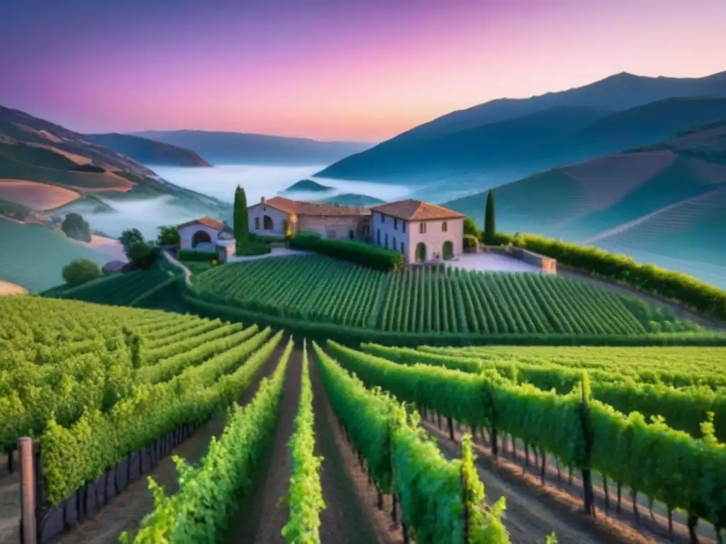 Viñedo pintoresco al atardecer: imagen 8k ultradetallada Invierte en bodegas internacionales: viñedo pintoresco al atardecer con viñas verdes y bodega de piedra al fondo
