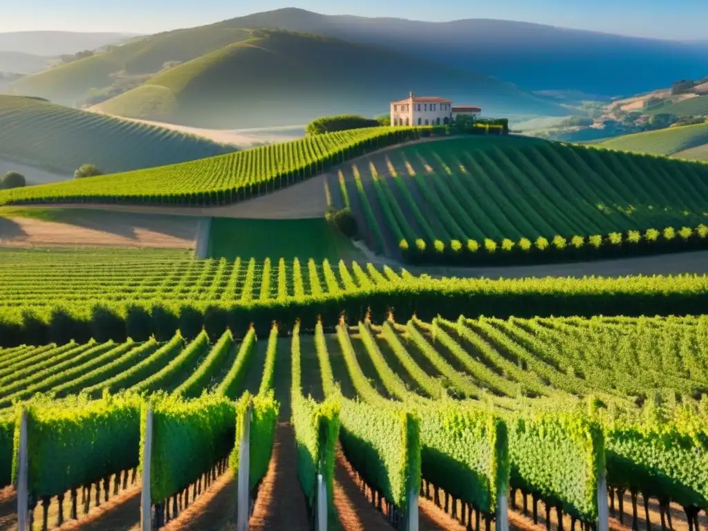 Viñedos exuberantes y moderna bodega: oportunidad de inversión en vinos Invertir en bodegas internacionales: viñedos exuberantes y moderna bodega bajo cielo azul