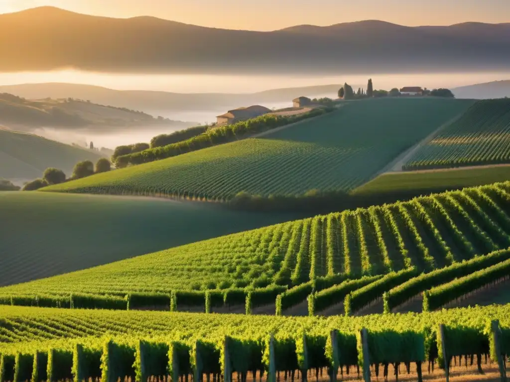 Viñedos dorados y moderna bodega: inversión internacional Invertir en bodegas internacionales: Viñedos exuberantes bañados por la luz dorada del atardecer, con una moderna bodega al pie del valle