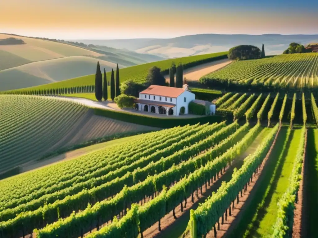 Viñedos dorados al atardecer: fusión de tradición y modernidad en bodega Invertir en bodegas internacionales: Viñedos exuberantes bajo el cálido atardecer, con una bodega moderna destacando en el paisaje
