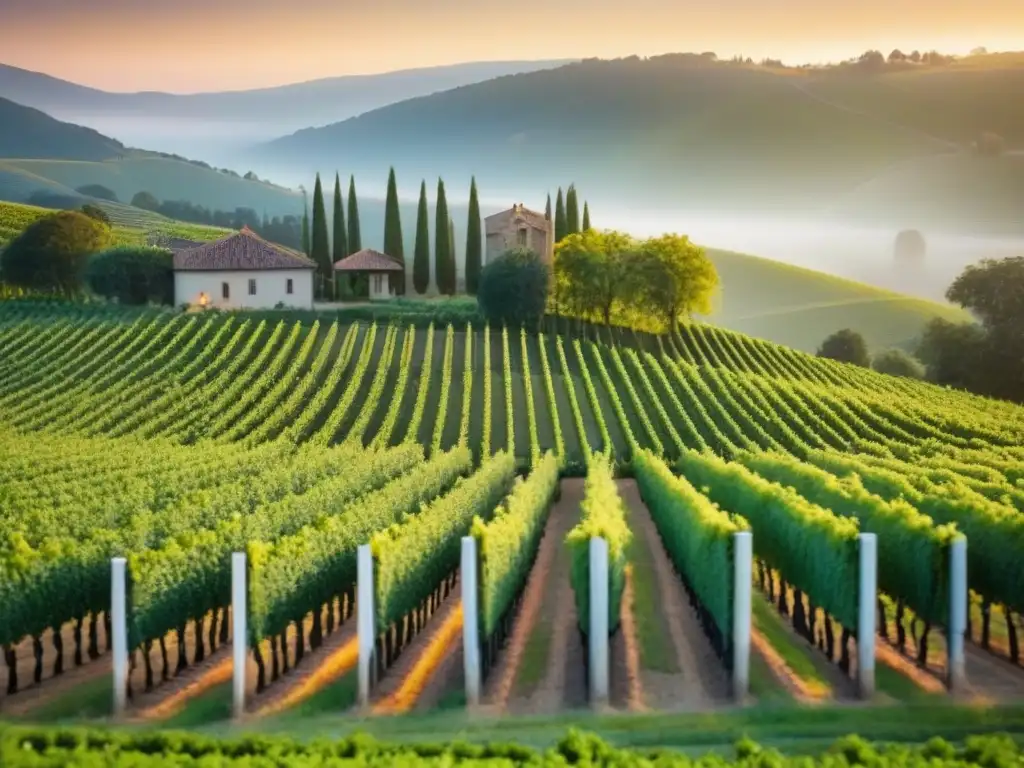 Viñedos de ensueño al atardecer: inversión en bodegas internacionales Invertir en bodegas internacionales: Viñedos verdes en colinas al atardecer, con una bodega de piedra y cipreses altos