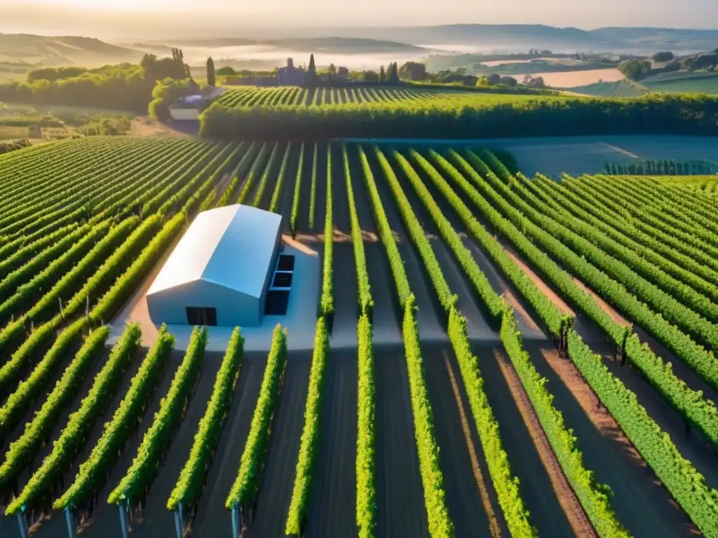 Viñedos exuberantes: armonía entre naturaleza y tecnología Invertir en bodegas internacionales: Viñedos verdes bajo el sol, bodega moderna en armonía con la naturaleza