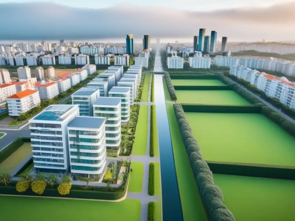 Uruguay: Auge urbano con arquitectura diversa y dinámica Boom inmobiliario en Uruguay: ciudad vibrante con rascacielos modernos, parques verdes y calles llenas de vida y movimiento