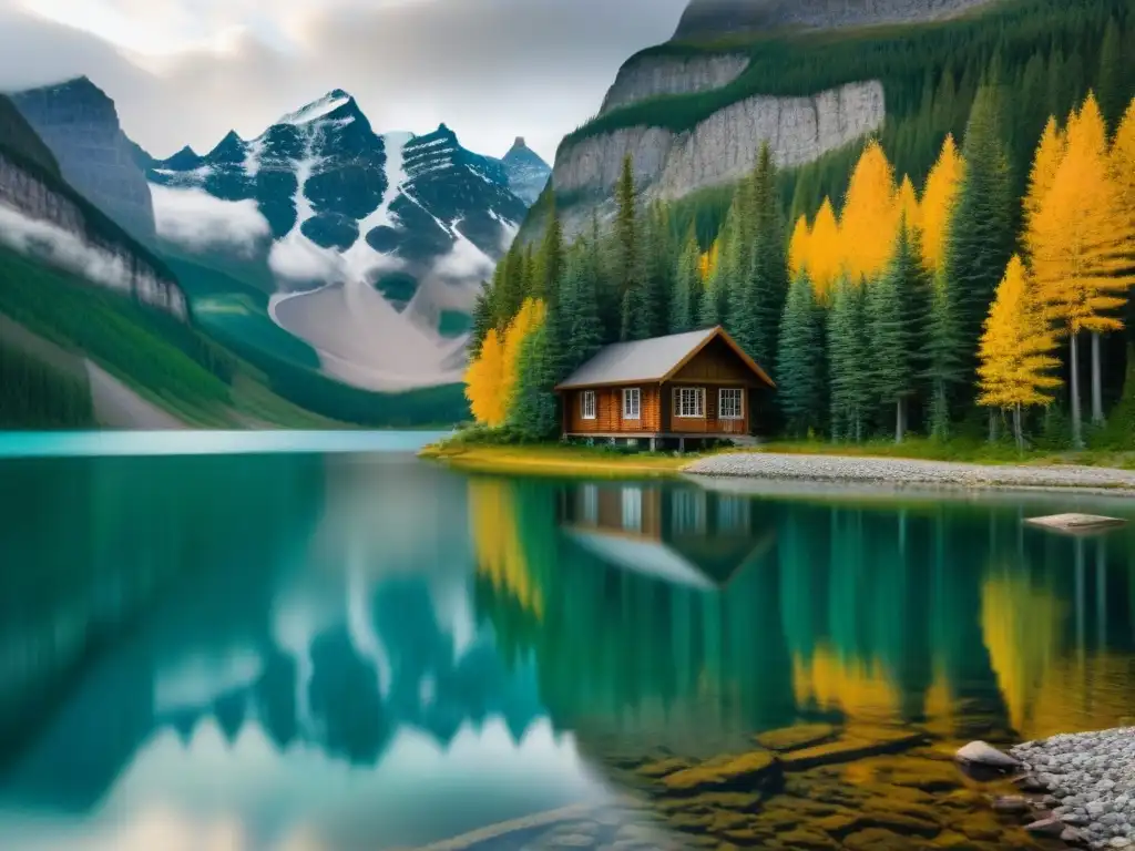 Paraíso ecológico: bosque de Canadá con lago y montaña Un bosque exuberante en Canadá con árboles altos, lago cristalino y montaña nevada al fondo
