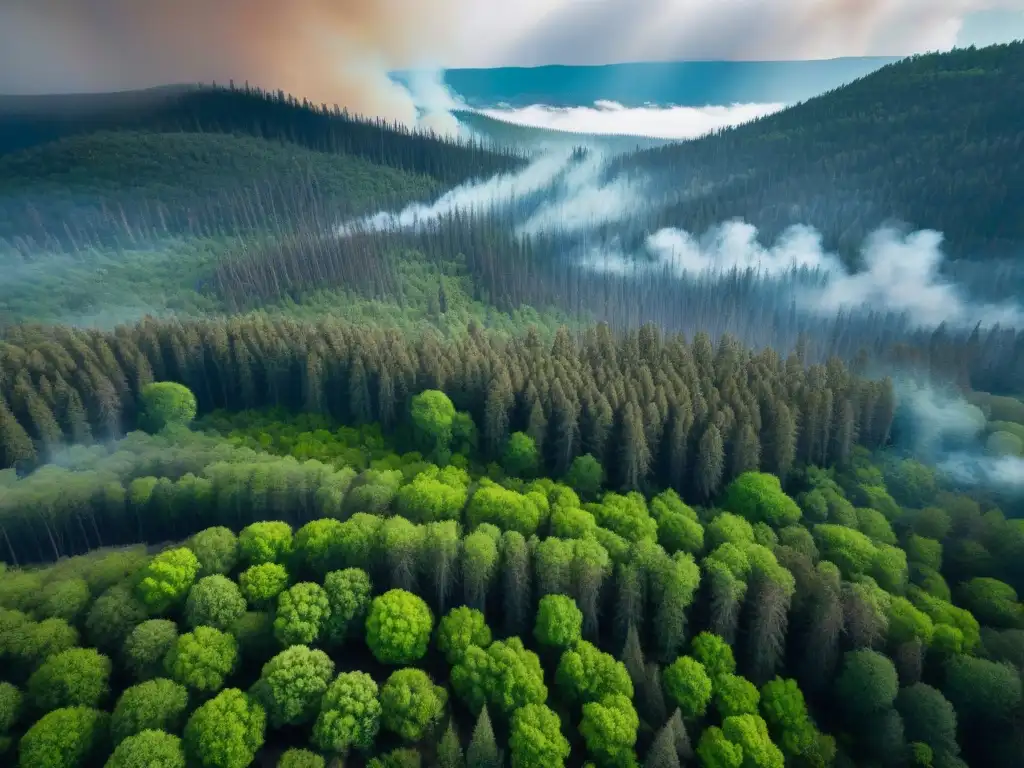 Contraste impactante: belleza y destrucción en bosque incendiado Un bosque exuberante con árboles verdes vibrantes y tierra quemada por incendios recientes