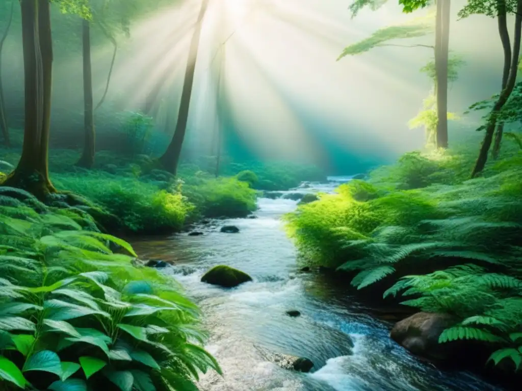 Espléndido bosque verde con arroyo cristalino y vida silvestre en armonía Un bosque exuberante con un arroyo cristalino