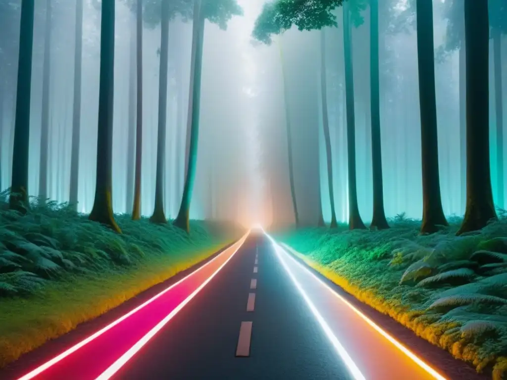 Senderos del marketing: orgánico vs Un bosque exuberante iluminado por luces neón y sol, simbolizando la comparativa entre publicidad y marketing inmobiliario internacional