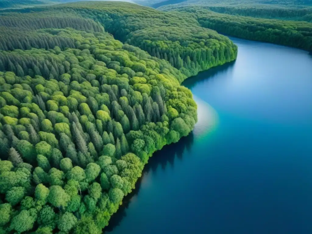 Espléndida vista aérea de bosque verde vibrante bajo cielo azul Un bosque exuberante y vibrante bajo un cielo azul claro