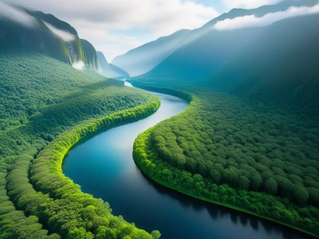 Río serpenteante en bosque verde: armonía natural Un bosque verde exuberante con un río serpenteante bajo la luz del sol, transmitiendo los beneficios del tiempo compartido ambiental