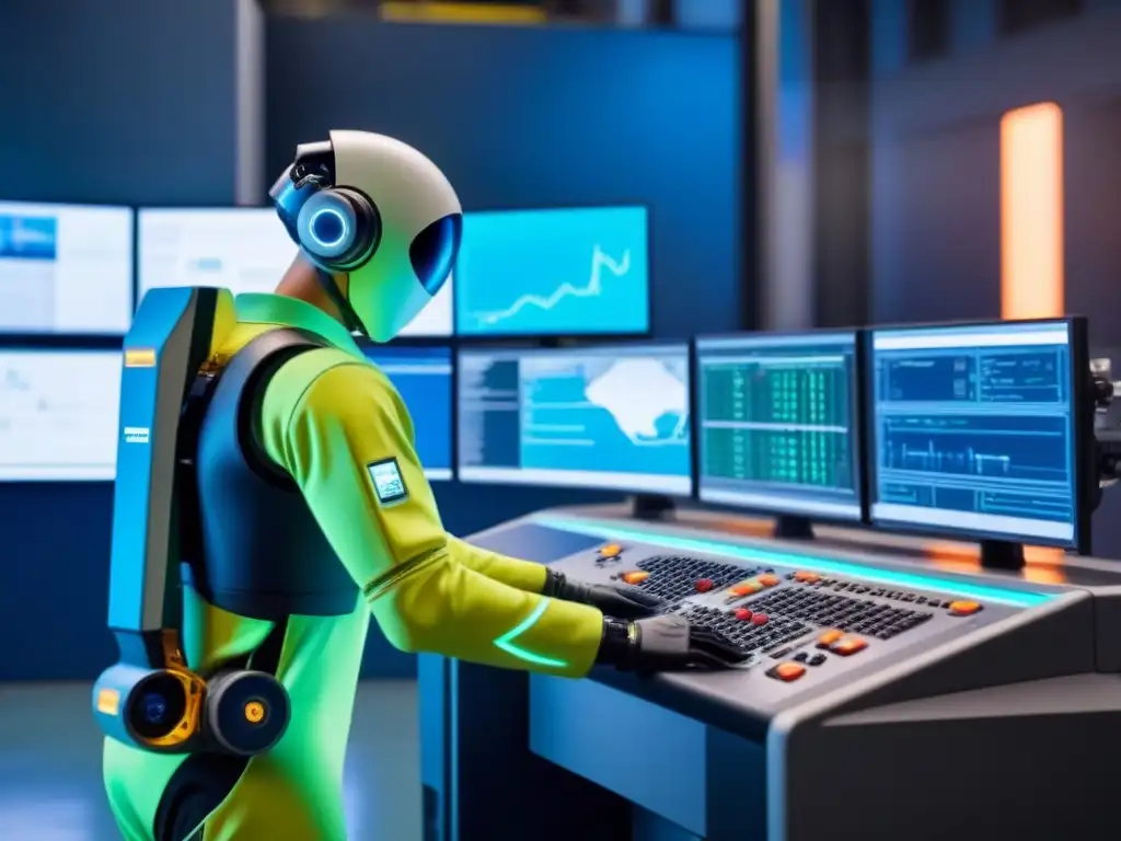 Robótica futurista en mantenimiento industrial inteligente Un brazo robótico futurista realiza tareas de mantenimiento en una máquina industrial avanzada en una sala de control tecnológica