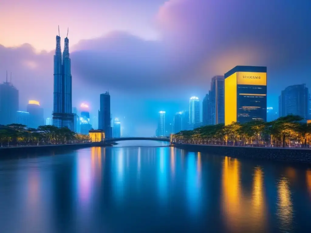 Metrópolis futurista: luces vibrantes en la noche Brillante ciudad futurista de noche con rascacielos iluminados y río tranquilo, destacando estrategias branding inmobiliario mercados internacionales