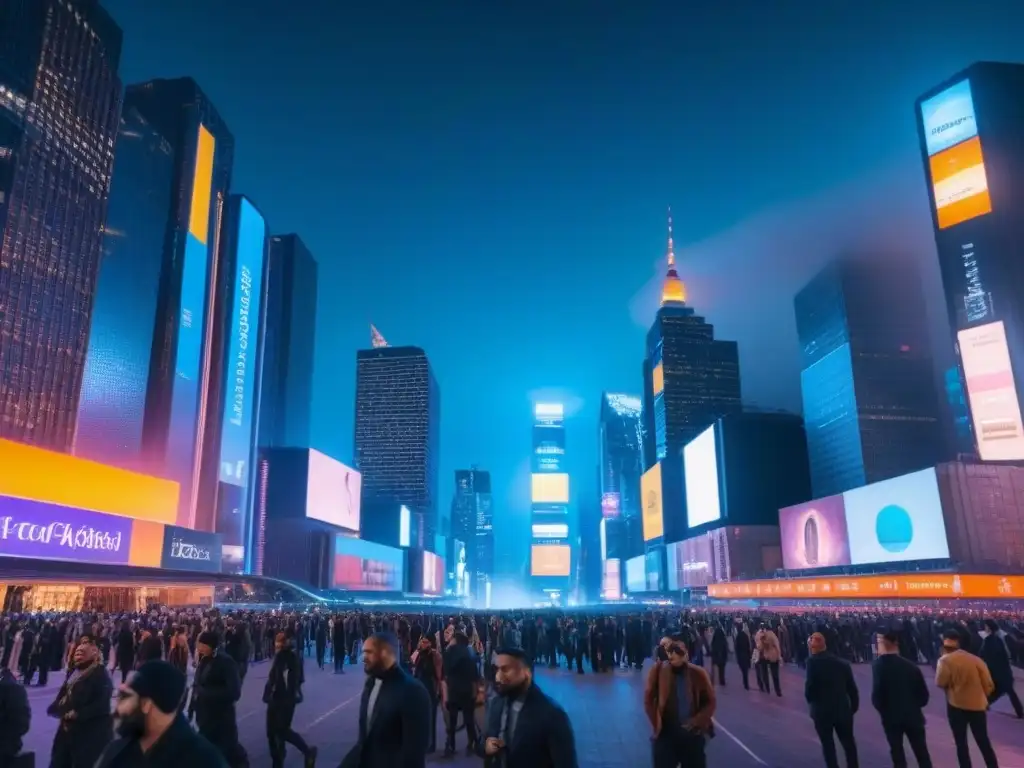 Metrópolis futurista: skyline nocturno en 8k Brillante ciudad nocturna con rascacielos y profesionales discutiendo en centro de conferencias