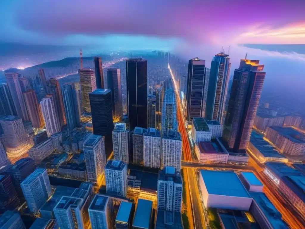 Espectacular vista aérea nocturna de ciudad vibrante Un brillante espectáculo de luces nocturnas en una bulliciosa ciudad, reflejando la energía vibrante de la vida urbana