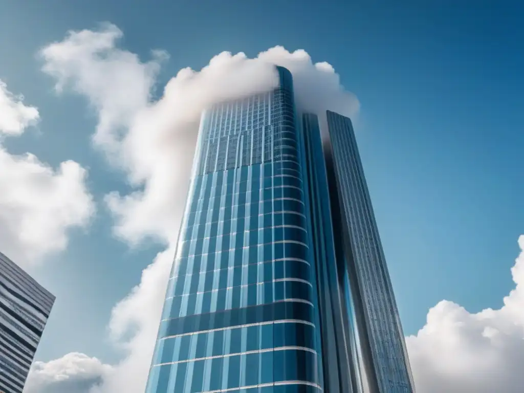 Edificio futurista: integración tecnológica en inversiones inmobiliarias Brillante rascacielos futurista reflejando ciudad, simbolizando innovación en Plataforma gestión nube inversión inmobiliaria