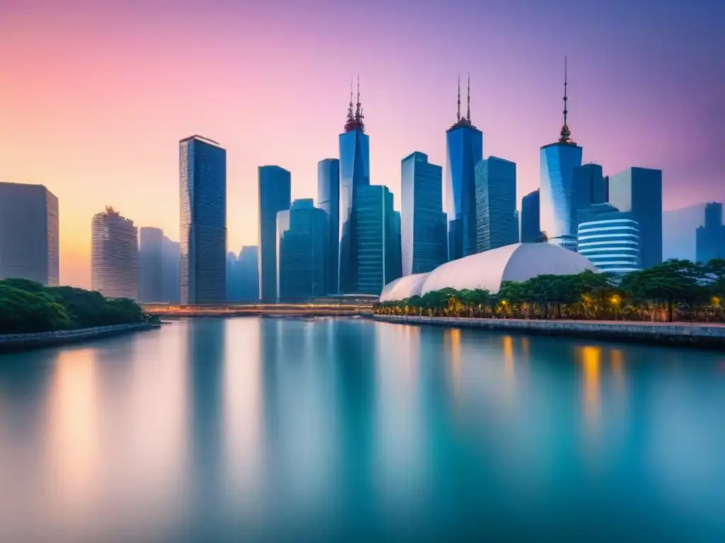 Brillante skyline urbano al anochecer con rascacielos iluminados y reflejos en río, simbolizando Regulaciones fiscales internacionales inversores