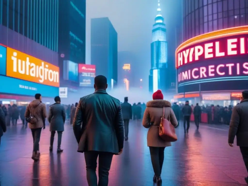 Metrópolis vibrante: luces neón y diversidad en la ciudad moderna El brillo de la ciudad al atardecer: rascacielos modernos iluminados por luces de neón, gente diversa en calles bulliciosas