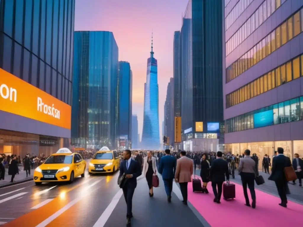 Escena urbana vibrante al atardecer: inversión inmobiliaria en auge Un bullicioso atardecer en la ciudad, con rascacielos iluminados, tráfico y profesionales llevando maletines y laptops