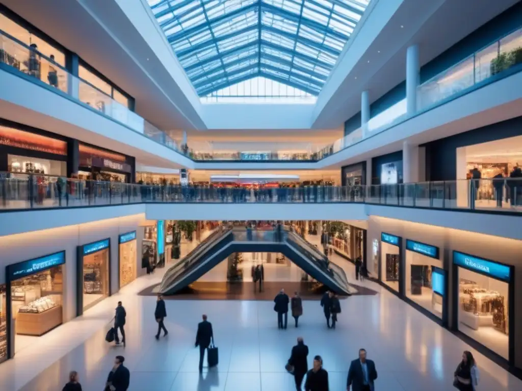 Atrio comercial de lujo: innovación y sofisticación Un bullicioso atrio de centro comercial moderno con elegantes paredes de vidrio y luces futuristas