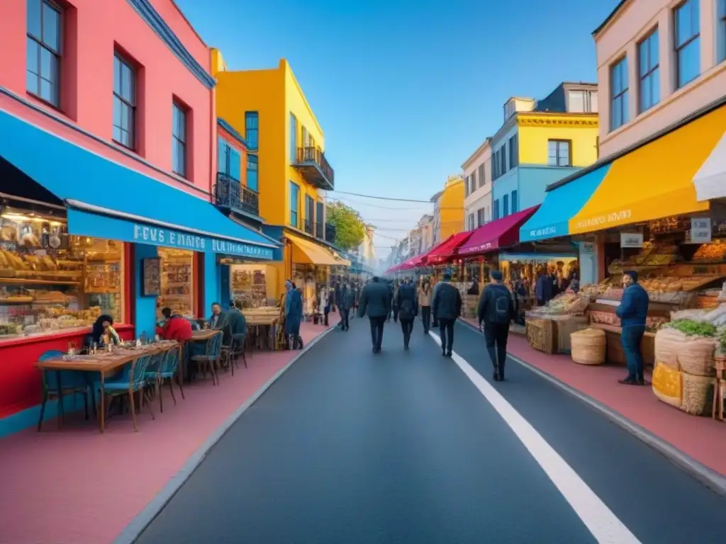 Escena vibrante: arte callejero y diversidad en barrio cultural Un bullicioso barrio cultural internacional con murales coloridos y gente diversa, reflejando la inversión en barrios culturales internacionales