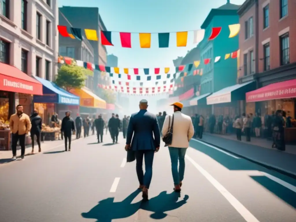 Un bullicioso bulevar urbano con diversidad de comercios, arquitectura moderna y edificios históricos