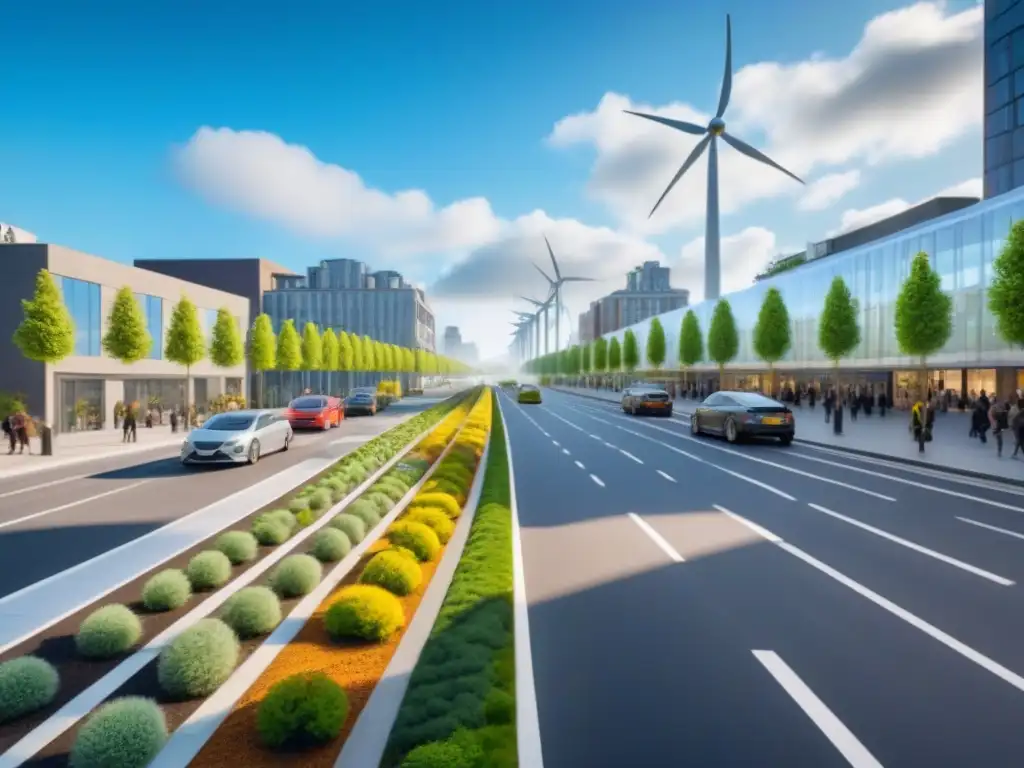 Metrópolis sostenible: un futuro urbano armonioso Un bullicioso bulevar urbano con edificios futuristas sostenibles, vehículos eléctricos y jardines verticales
