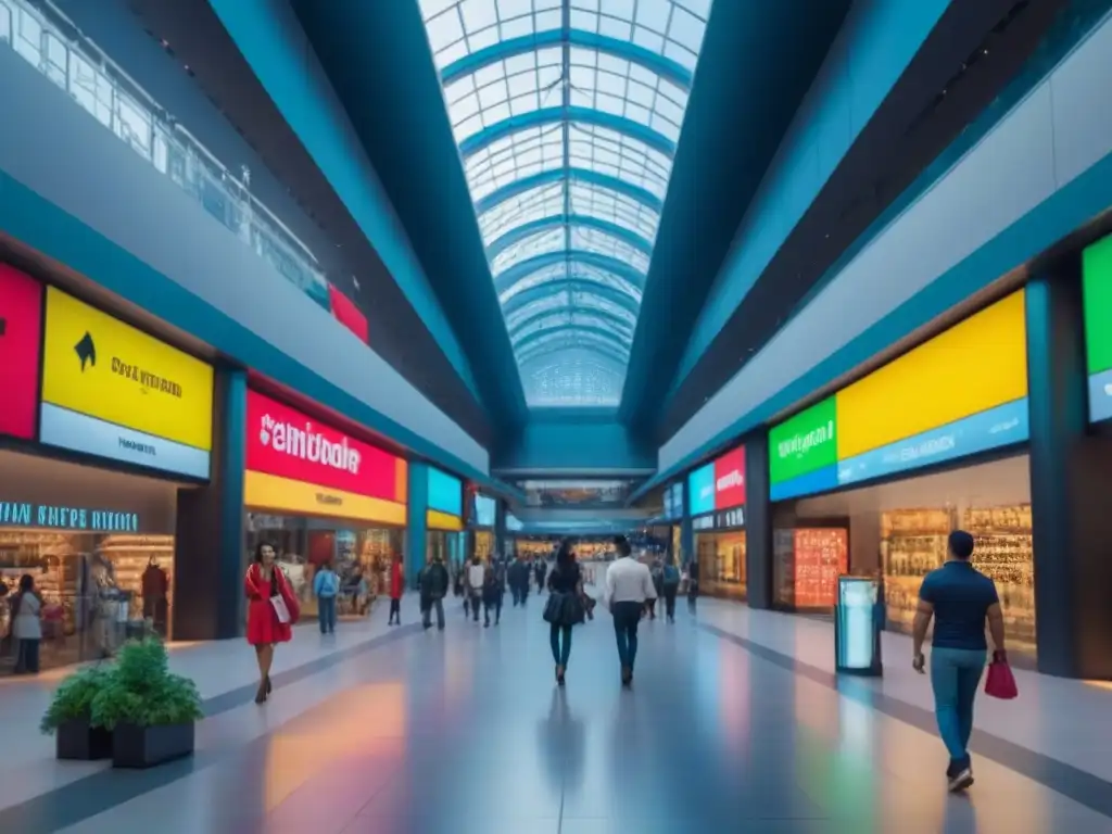 Centro comercial internacional vibrante y moderno con diversidad cultural Un bullicioso centro comercial internacional, con arquitectura futurista de vidrio y acero