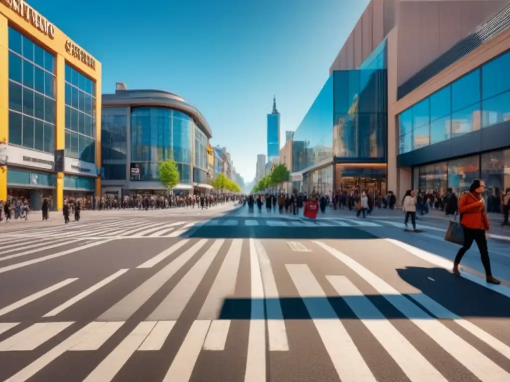 Centro comercial moderno con bulliciosa multitud y tráfico urbano Un bullicioso centro comercial moderno con una diversa multitud de compradores, reflejando el sol en sus fachadas de vidrio