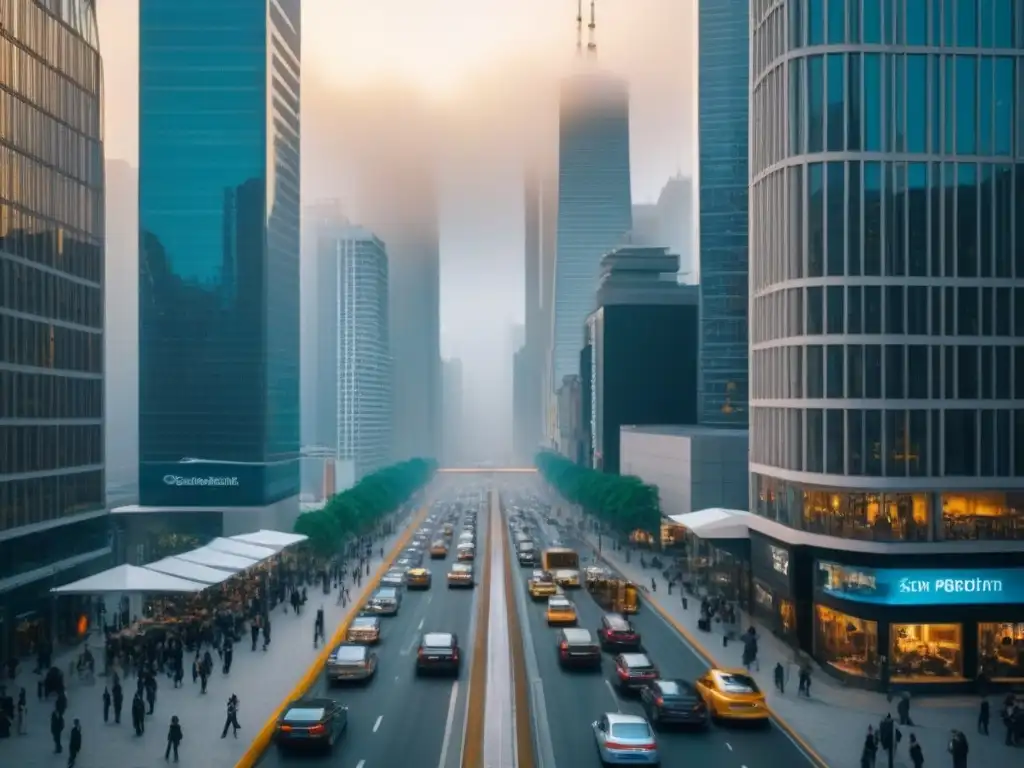 Metrópolis vibrante: centro financiero en auge Un bullicioso distrito de negocios en una ciudad moderna, reflejando el ajetreo del turismo de negocios y el mercado inmobiliario