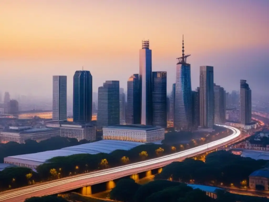 Urbanismo vibrante: fusión de historia y modernidad al anochecer El bullicioso horizonte de una ciudad al anochecer, fusionando arquitectura histórica y moderna con luces vibrantes que iluminan el paisaje urbano
