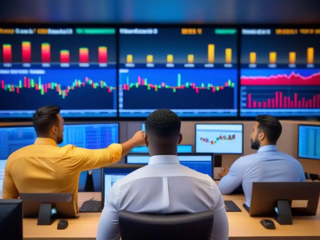 Mercado de valores vibrante: traders analizando datos en pantallas modernas Bullicioso mercado bursátil con traders analizando datos en pantallas, reflejando éxito y psicología de inversión comercial