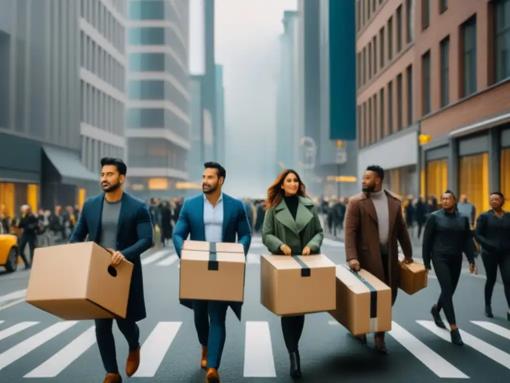 Mercado de alquiler en movimiento: migración y oportunidad en la ciudad Un bullicioso mercado callejero lleno de personas diversas con cajas y maletas, reflejando el impacto de la migración en el mercado de alquileres