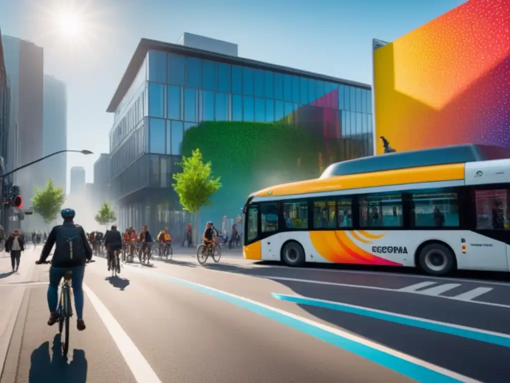 Escena urbana futurista: arte sostenible en la ciudad del mañana Un bullicioso mercado urbano con edificios ecoamigables y arte sostenible en sus murales