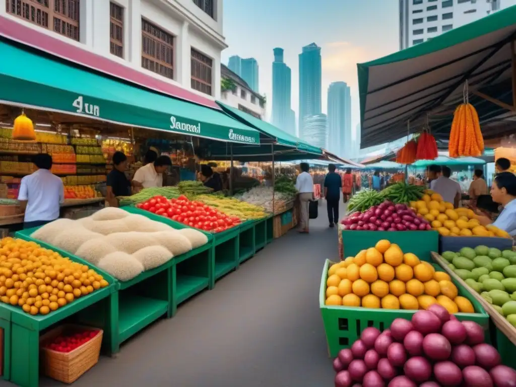 Mercado tailandés: colorido bullicio y cultura local Un bullicioso micromercado tailandés con puestos de productos frescos y artesanías locales