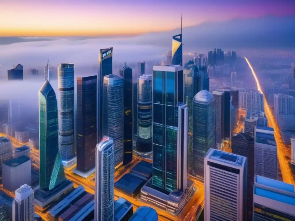 Metrópolis nocturna en 8k: luces y vida empresarial Un bullicioso paisaje urbano al atardecer con rascacielos brillantes y calles llenas de tráfico