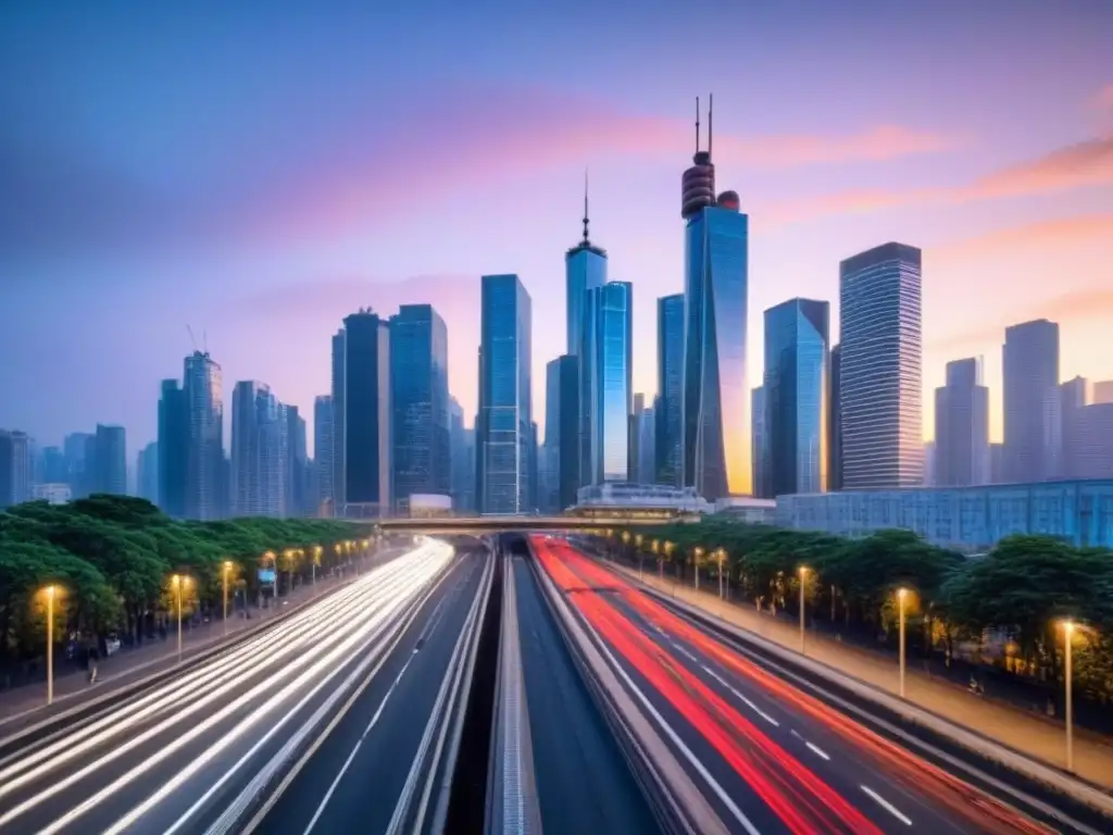 Skyline urbano al anochecer: migración interna y mercado inmobiliario El bullicioso paisaje urbano al anochecer, con un horizonte moderno lleno de rascacielos iluminados por luces vibrantes