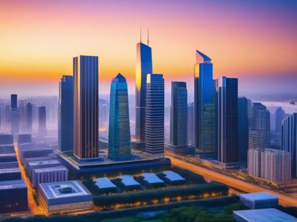Horizonte urbano al atardecer con profesionales en discusión Un bullicioso paisaje urbano con rascacielos modernos reflejando los cálidos tonos de un atardecer, mostrando un ambiente urbano vibrante lleno de energía y oportunidad
