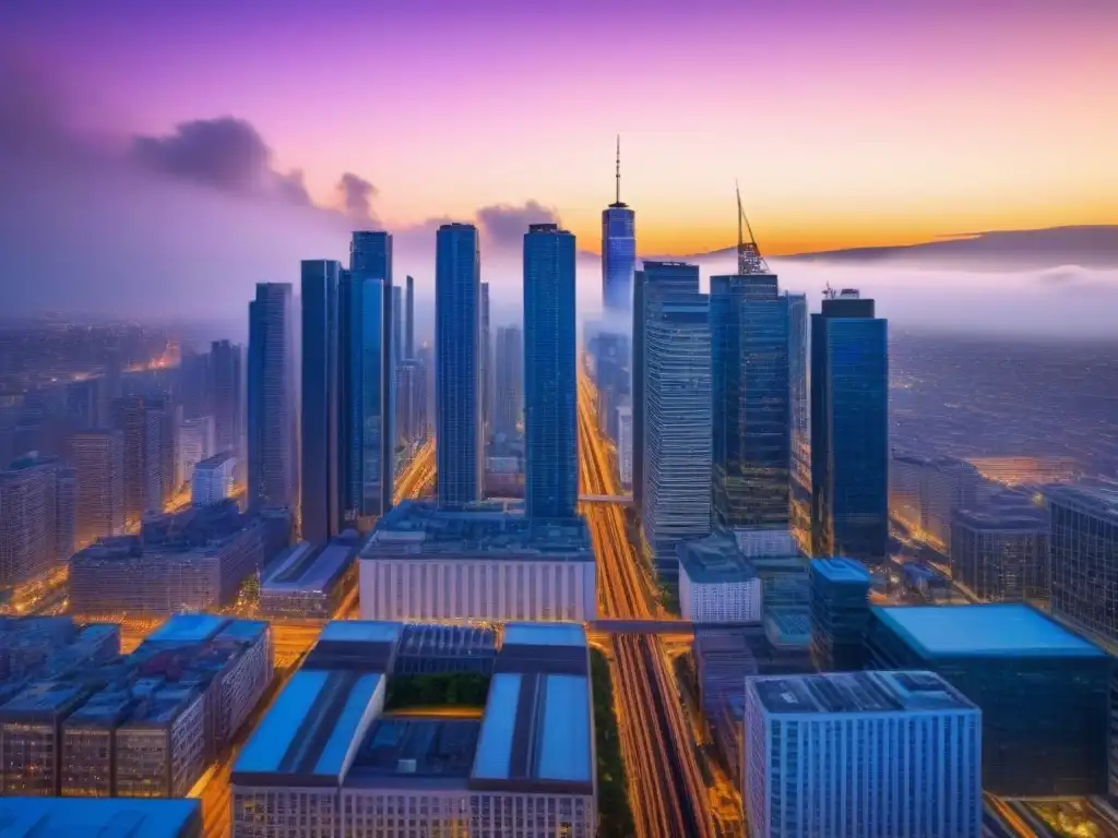 Metrópolis vibrante al atardecer: migración interna y transformación urbana El bullicioso skyline de la ciudad al atardecer refleja el impacto de la migración interna en el mercado inmobiliario