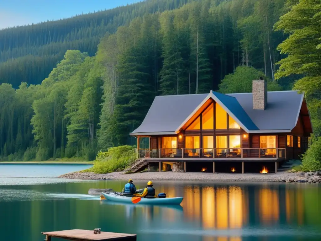 Refugio de ensueño en el lago: moderna cabaña junto al bosque Una cabaña moderna a orillas de un lago en Norteamérica, rodeada de bosques verdes, con kayaks y una familia junto al fuego