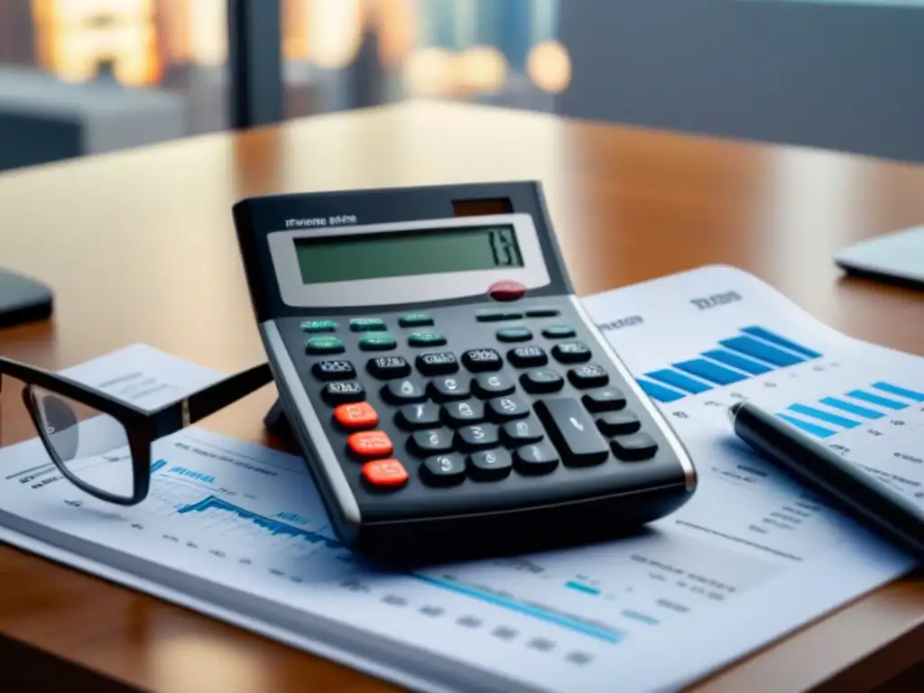 Calculadora de alta precisión para inversiones inmobiliarias Una calculadora moderna sobre un escritorio elegante rodeada de gráficos financieros y gafas, mostrando cálculos de inversión inmobiliaria