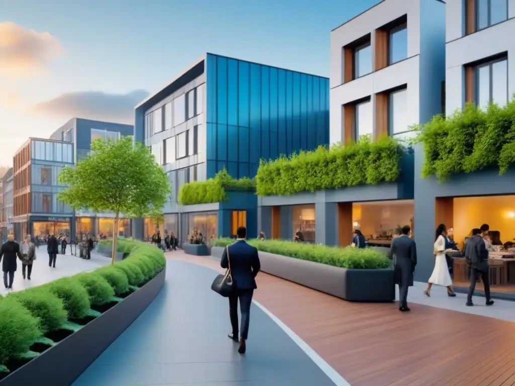 Vibrante calle urbana con arquitectura moderna y diversidad de actividades Una calle de ciudad bulliciosa con edificios modernos, apartamentos residenciales y espacios comerciales vibrantes