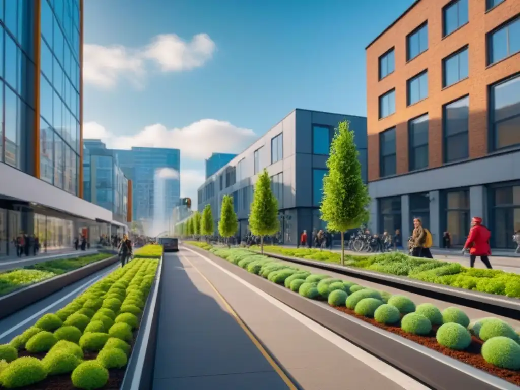 Urbanismo sostenible: modernidad verde en la ciudad Una calle de la ciudad bulliciosa con edificios sostenibles y verde en las azoteas