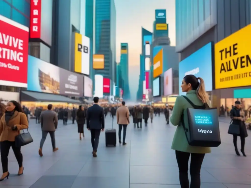 Escena urbana futurista con marketing interactivo en 8k Una calle de la ciudad bulliciosa con edificios modernos y anuncios digitales vibrantes para negocios locales