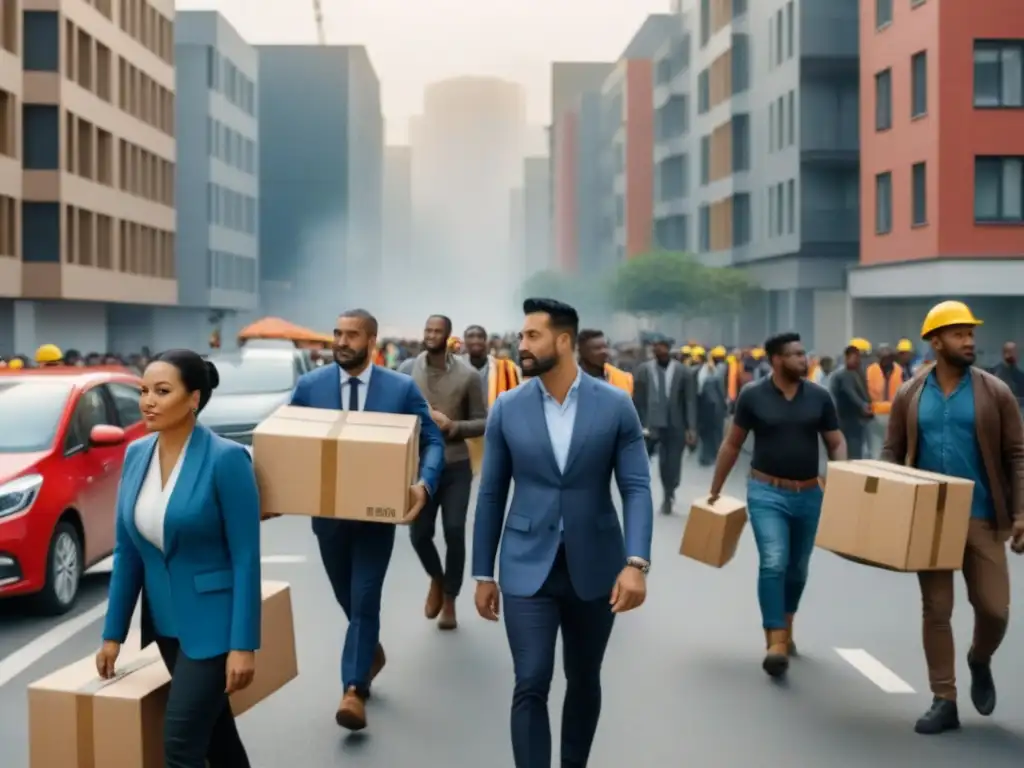 Transformación urbana: migración interna y vivienda asequible Una calle de ciudad bulliciosa con personas diversas cargando cajas, simbolizando la migración interna y su impacto en la vivienda asequible