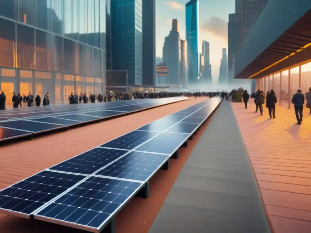 Escena urbana futurista con paneles solares generando energía Una calle de la ciudad bulliciosa con pisos generadores de energía sostenible integrados en la arquitectura futurista
