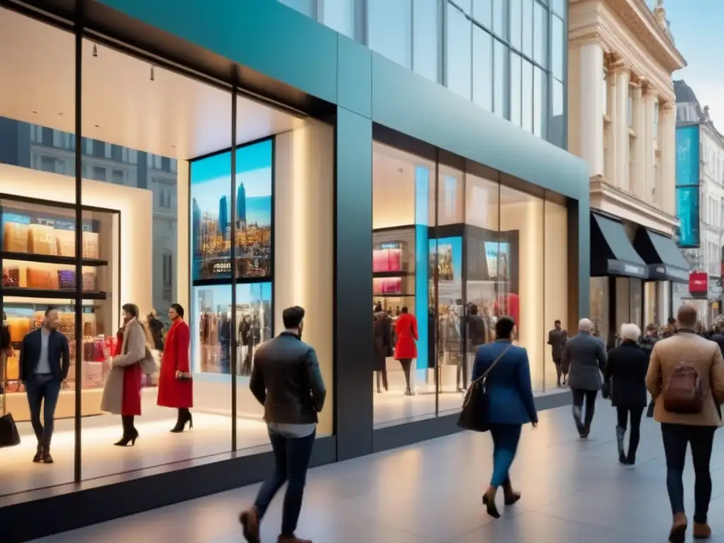 Escena urbana: Tiendas modernas y dinámicas en ajetreada calle comercial Una calle de ciudad bulliciosa con tiendas modernas y elegantes, reflejando vitalidad y sofisticación