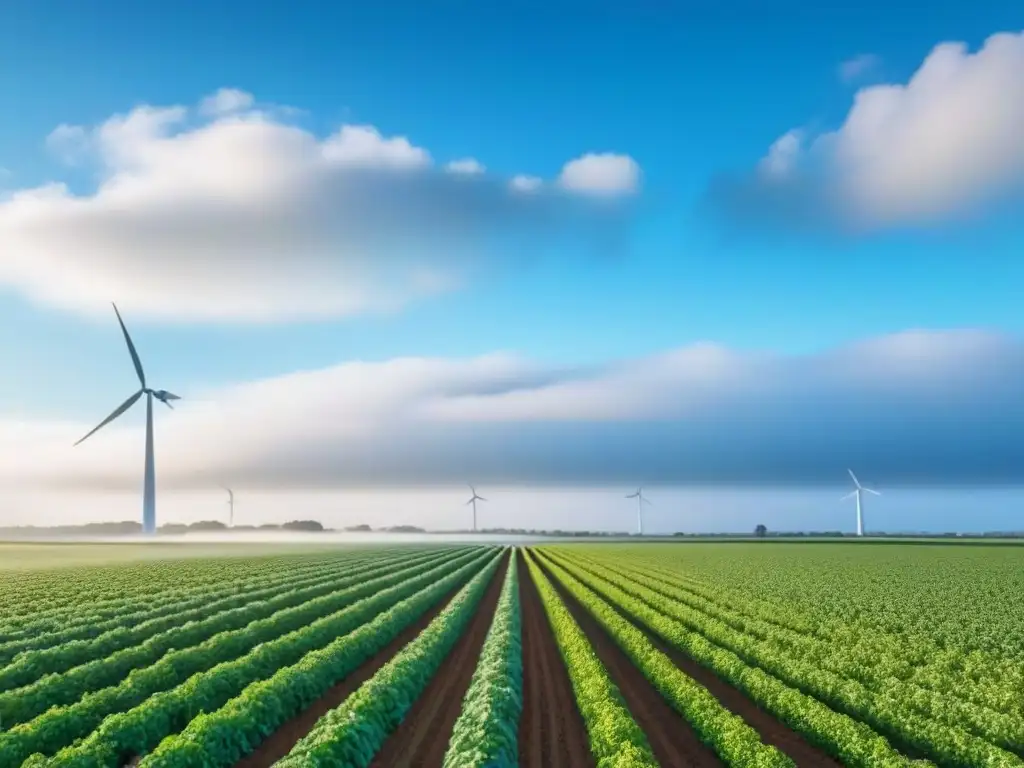 Campo sostenible: cultivos vibrantes y energía renovable Un campo verde exuberante con cultivos sostenibles y una turbina eólica, simbolizando la inversión en desarrollos rurales sostenibles