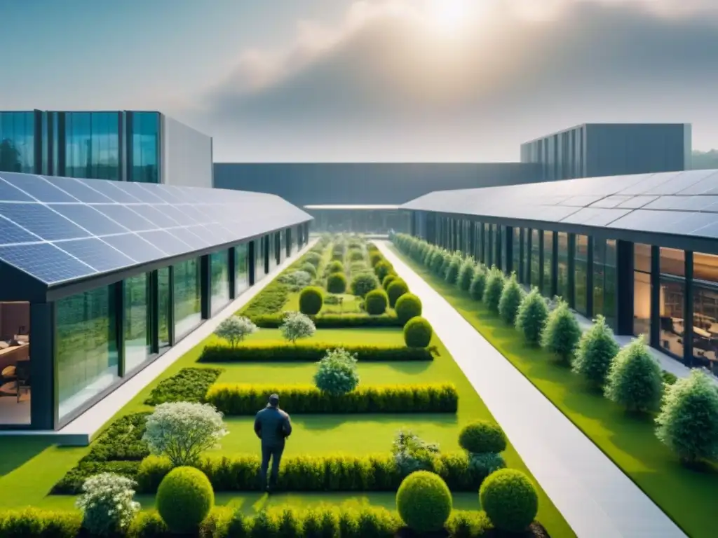 Campus tecnológico futurista: innovación y sostenibilidad en 8k Un campus tech futurista: edificios de vidrio, paneles solares, vegetación exuberante y espacios de trabajo al aire libre con tecnología de vanguardia