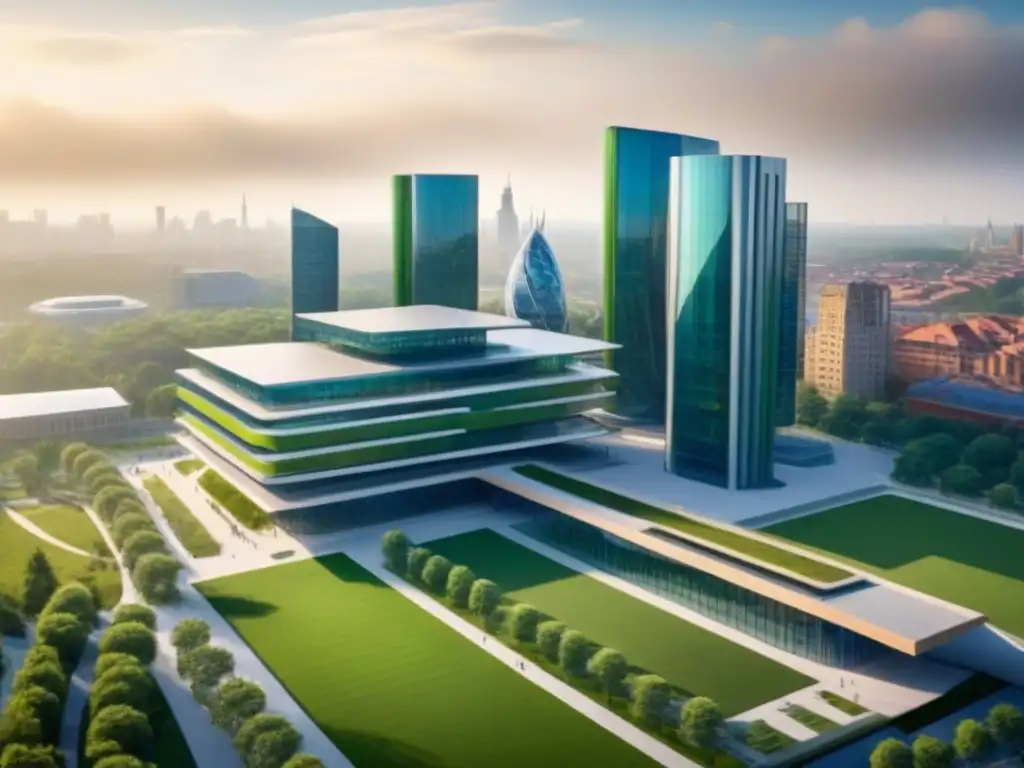 Campus universitario vanguardista integrado en la ciudad Un campus universitario moderno se integra con la ciudad, reflejando la demanda de inmuebles y educación