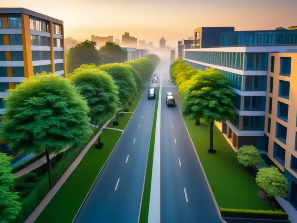 Universidad vibrante entre modernos rascacielos al atardecer Un campus universitario vibrante entre edificios modernos, calles llenas de estudiantes y naturaleza exuberante al atardecer
