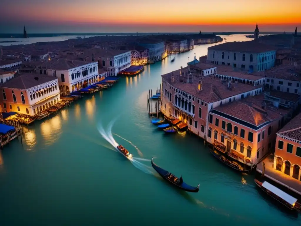 Venecia: belleza y vulnerabilidad ante cambio climático Venecia: red de canales, edificios históricos y góndolas bajo un vibrante atardecer